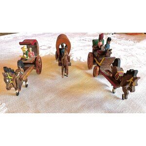 Set of 3 Miniature Vintage Japan Stagecoach Wagon Surrey Buggy Cart with Horses.